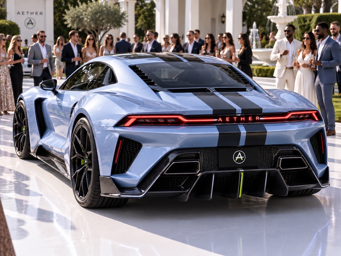 AETHER blue coupe — Rear three-quarter view