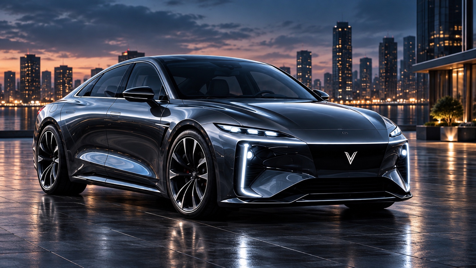 VARLINE V1 four-door sedan in a waterfront city setting